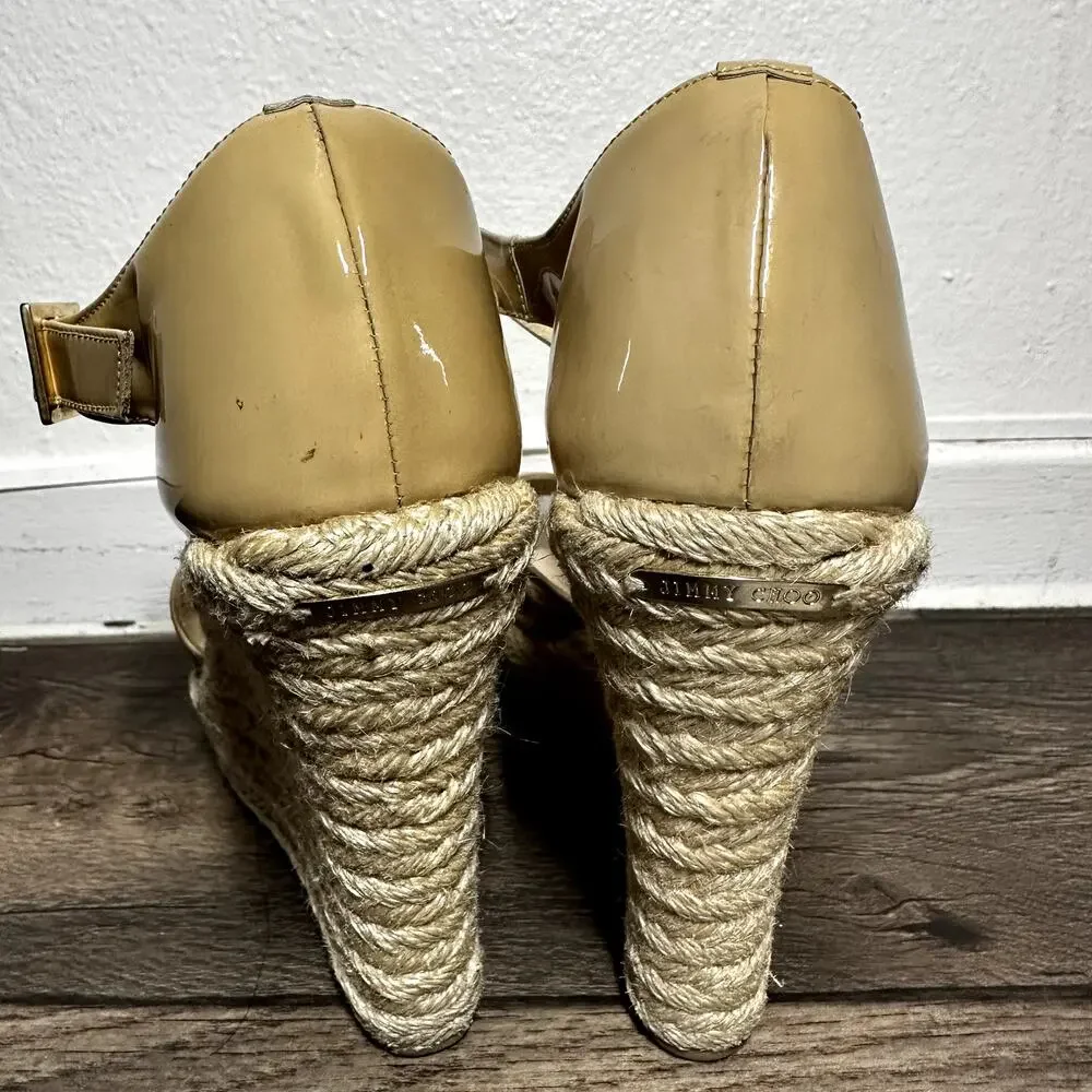 Jimmy Choo Porto Espadrille Wedge Sandals Patent Crisscross Straps Tan 36.5 6